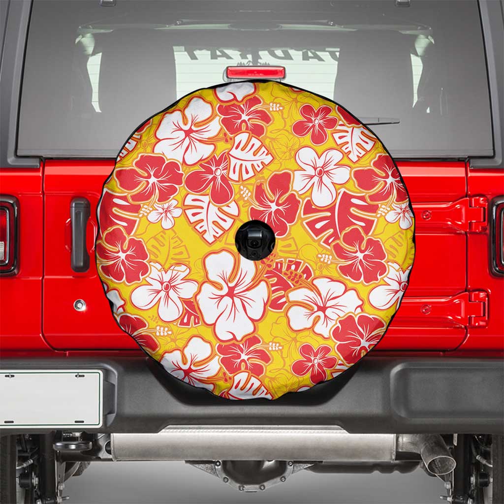 Yellow Hawaii Hibiscus Spare Tire Cover Tropical Flowers Seamless Pattern - Polynesian Pride