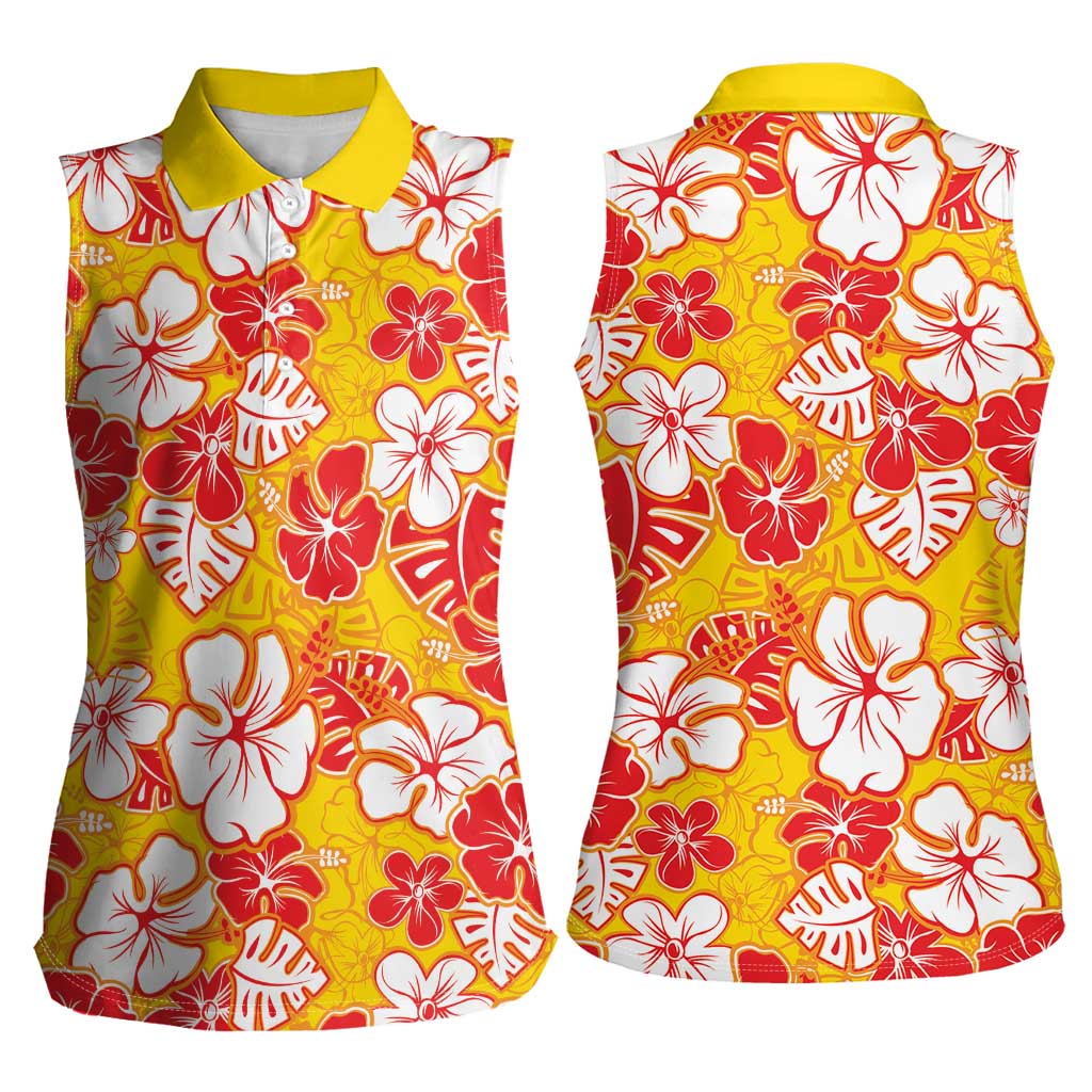 Yellow Hawaii Hibiscus Women Sleeveless Polo Shirt Tropical Flowers Seamless Pattern - Polynesian Pride
