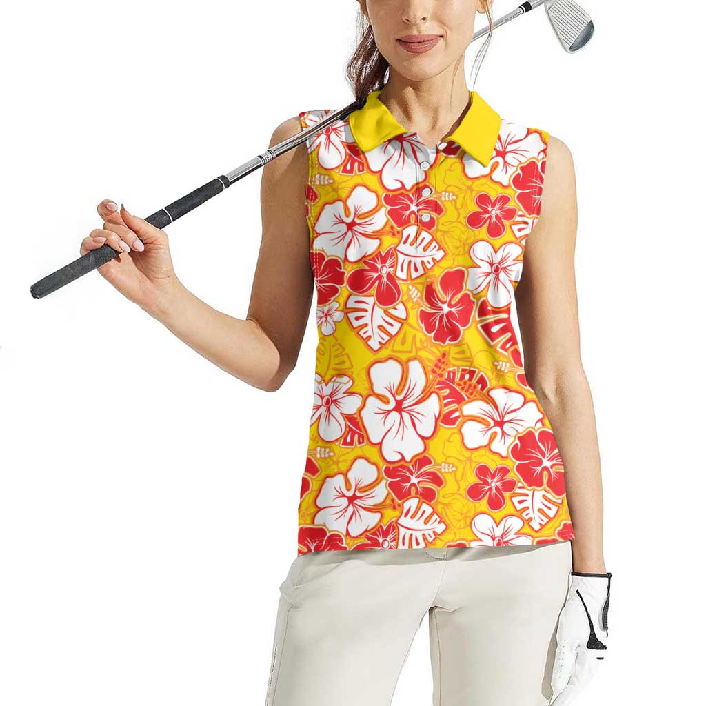 Yellow Hawaii Hibiscus Women Sleeveless Polo Shirt Tropical Flowers Seamless Pattern - Polynesian Pride