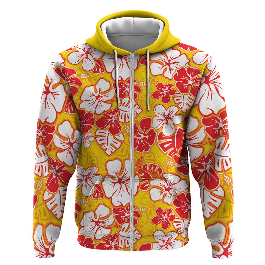 Yellow Hawaii Hibiscus Zip Hoodie Tropical Flowers Seamless Pattern - Polynesian Pride