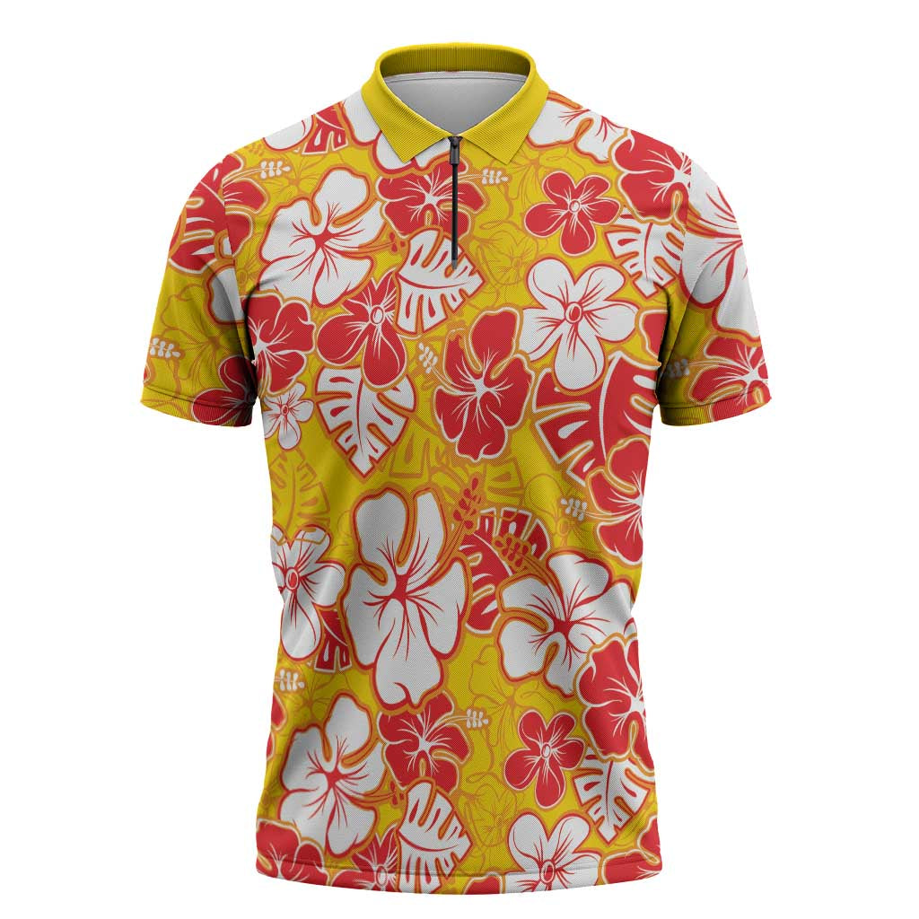 Yellow Hawaii Hibiscus Zipper Polo Shirt Tropical Flowers Seamless Pattern - Polynesian Pride