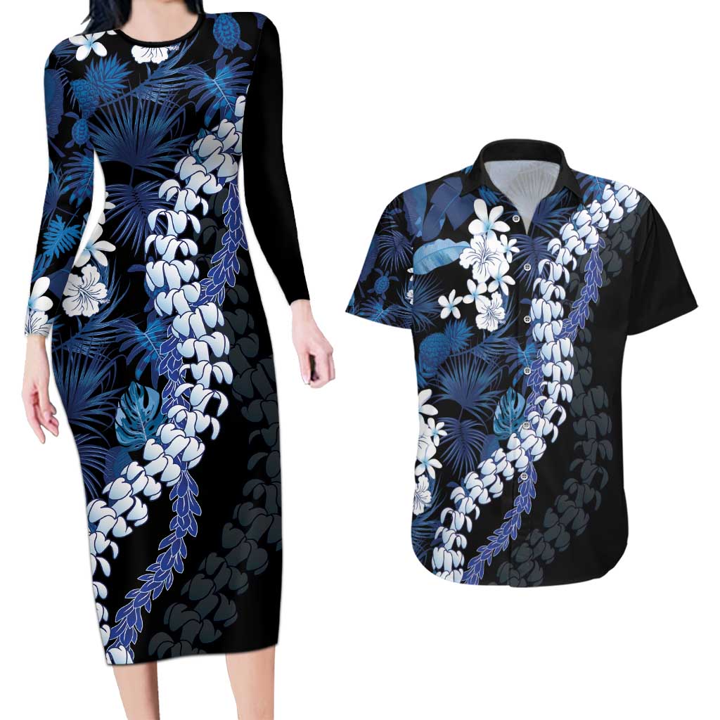 Polu Aloha Hawaii Lei Couples Matching Long Sleeve Bodycon Dress and Hawaiian Shirt Tropical Flowers Elegant Vibe - Polynesian Pride