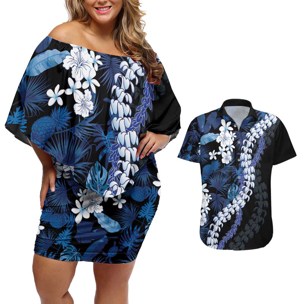 Polu Aloha Hawaii Lei Couples Matching Off Shoulder Short Dress and Hawaiian Shirt Tropical Flowers Elegant Vibe - Polynesian Pride
