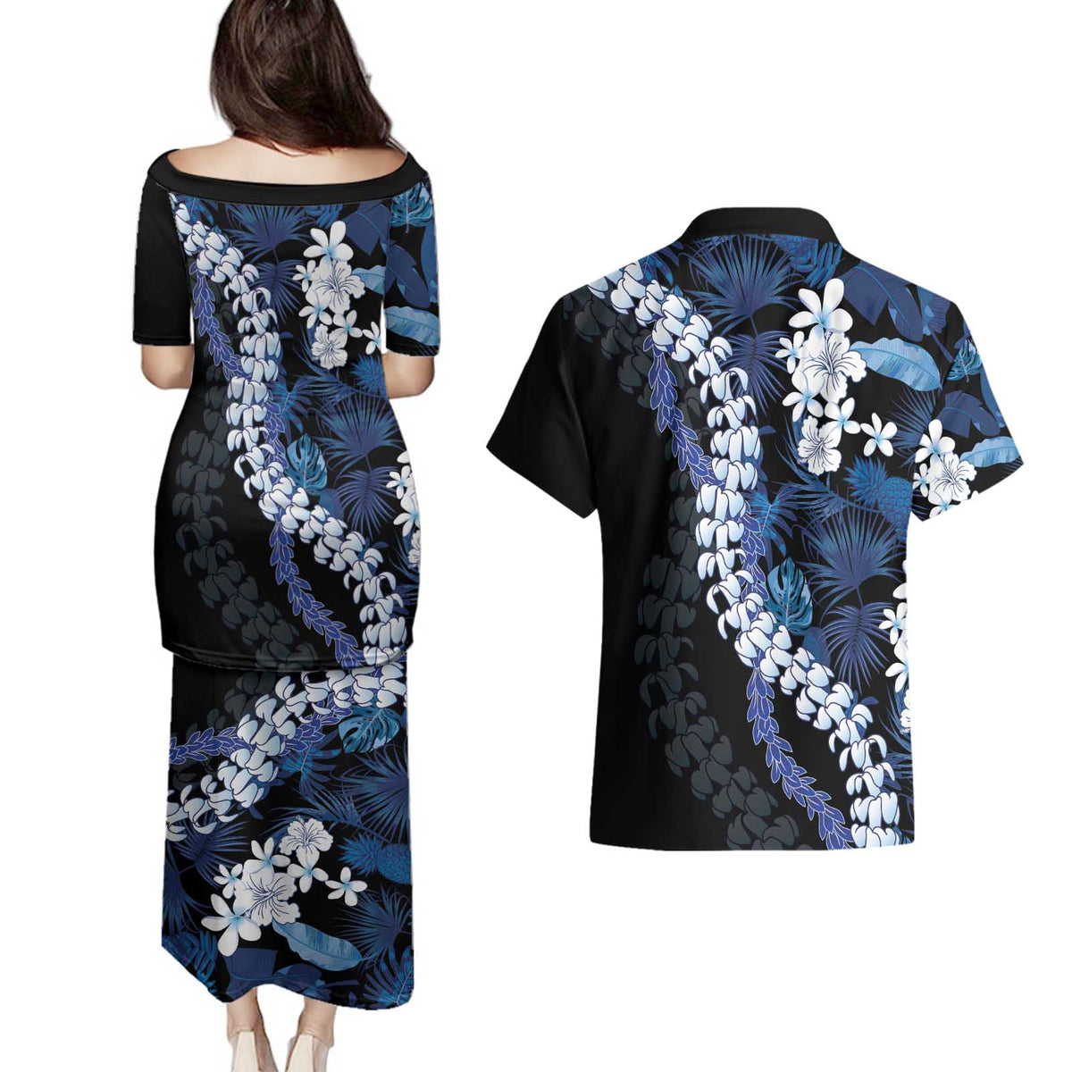 Polu Aloha Hawaii Lei Couples Matching Puletasi and Hawaiian Shirt Tropical Flowers Elegant Vibe - Polynesian Pride