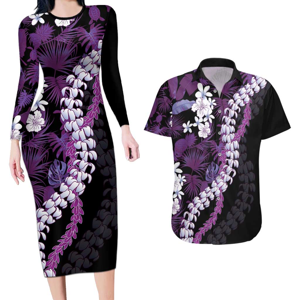 Poni Aloha Hawaii Lei Couples Matching Long Sleeve Bodycon Dress and Hawaiian Shirt Tropical Flowers Elegant Vibe - Polynesian Pride