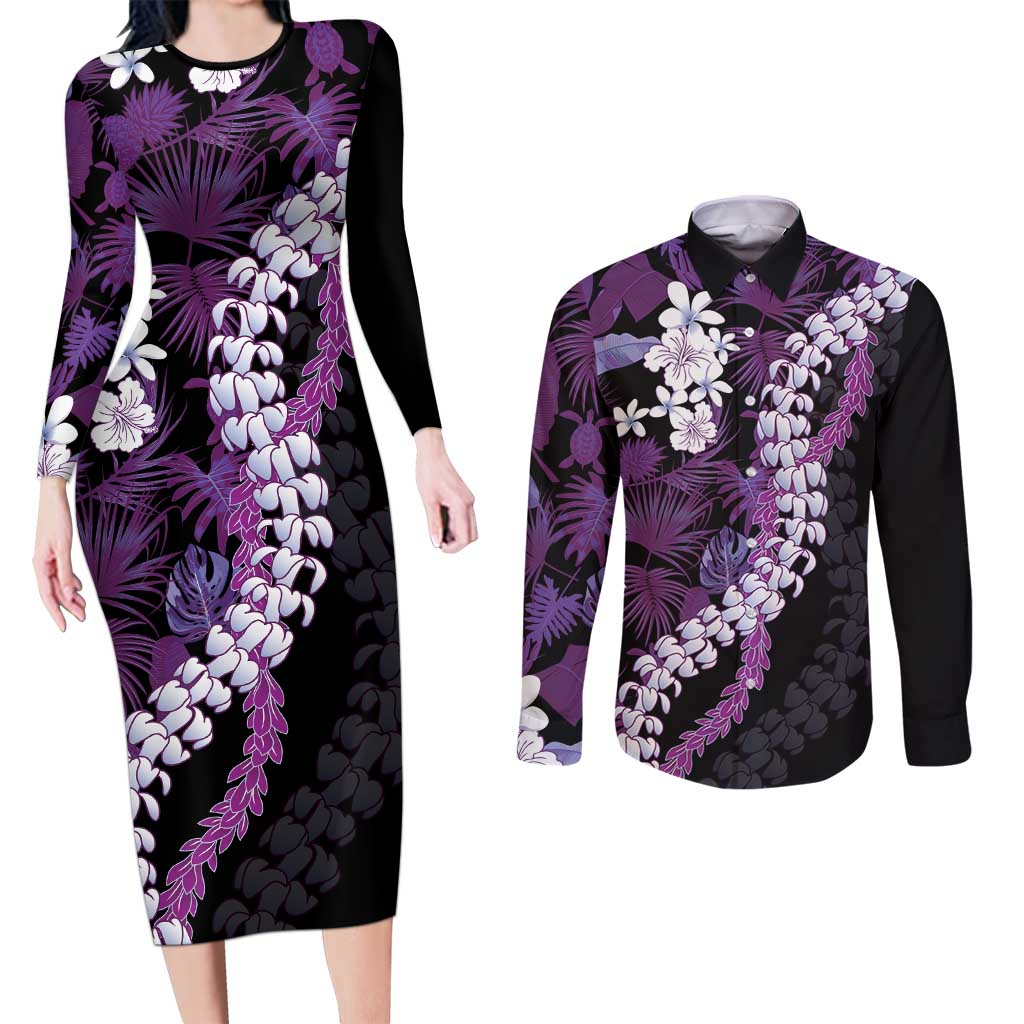 Poni Aloha Hawaii Lei Couples Matching Long Sleeve Bodycon Dress and Long Sleeve Button Shirt Tropical Flowers Elegant Vibe - Polynesian Pride