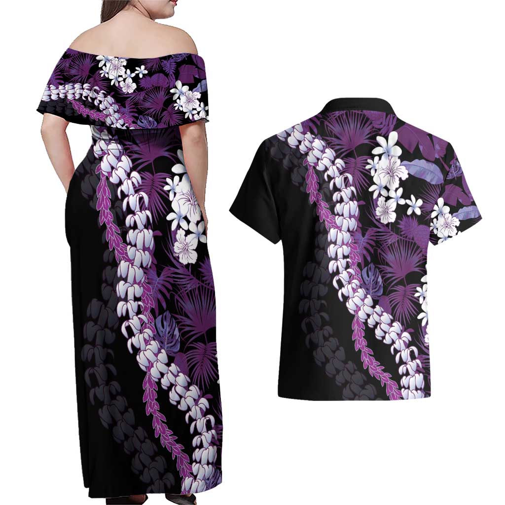 Poni Aloha Hawaii Lei Couples Matching Off Shoulder Maxi Dress and Hawaiian Shirt Tropical Flowers Elegant Vibe - Polynesian Pride
