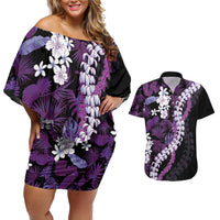 Poni Aloha Hawaii Lei Couples Matching Off Shoulder Short Dress and Hawaiian Shirt Tropical Flowers Elegant Vibe - Polynesian Pride