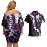 Poni Aloha Hawaii Lei Couples Matching Off Shoulder Short Dress and Hawaiian Shirt Tropical Flowers Elegant Vibe - Polynesian Pride