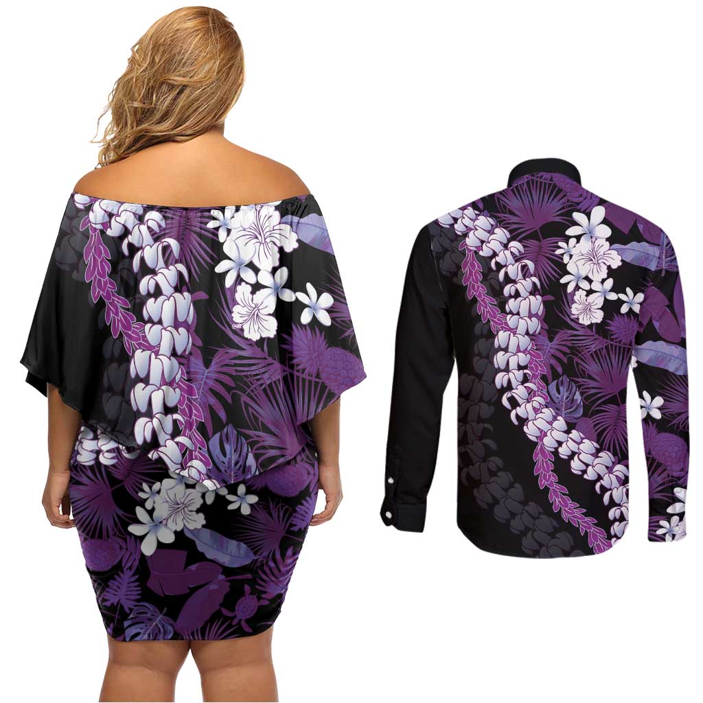 Poni Aloha Hawaii Lei Couples Matching Off Shoulder Short Dress and Long Sleeve Button Shirt Tropical Flowers Elegant Vibe - Polynesian Pride