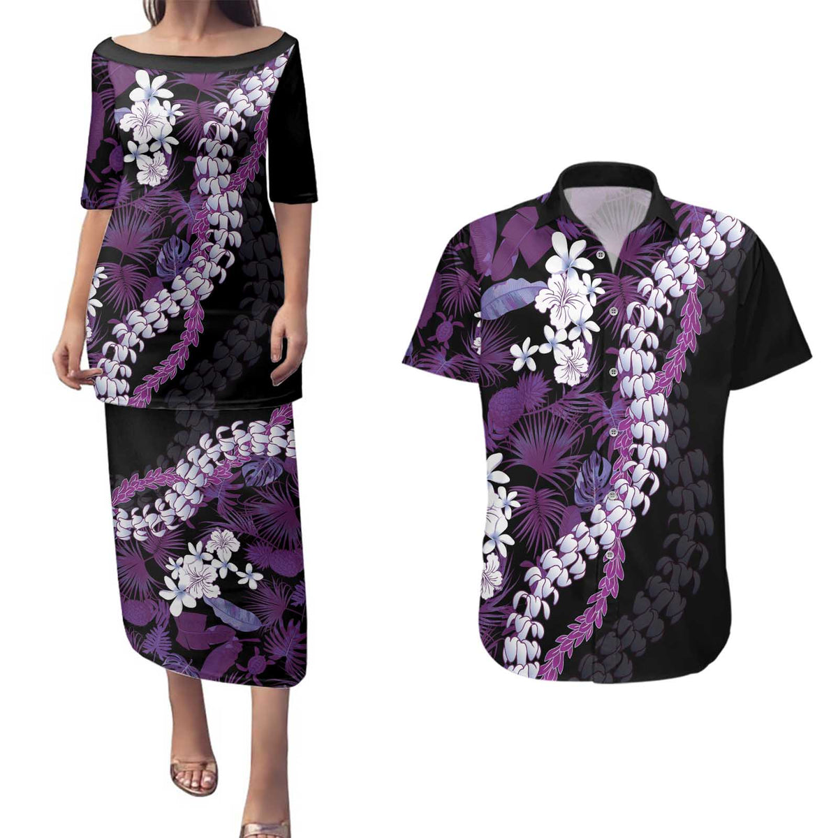 Poni Aloha Hawaii Lei Couples Matching Puletasi and Hawaiian Shirt Tropical Flowers Elegant Vibe - Polynesian Pride