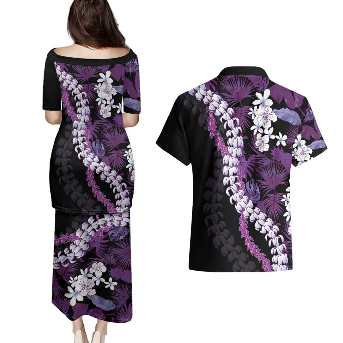 Poni Aloha Hawaii Lei Couples Matching Puletasi and Hawaiian Shirt Tropical Flowers Elegant Vibe - Polynesian Pride