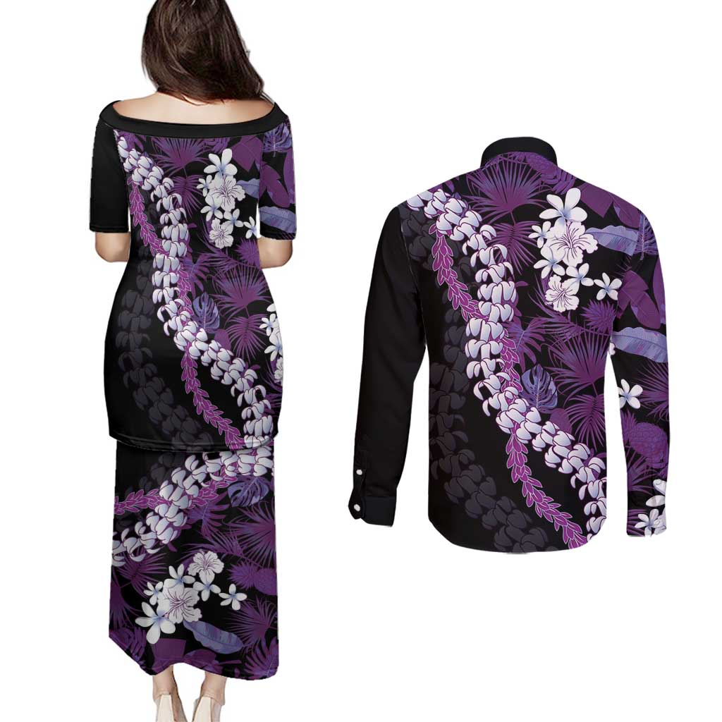 Poni Aloha Hawaii Lei Couples Matching Puletasi and Long Sleeve Button Shirt Tropical Flowers Elegant Vibe - Polynesian Pride