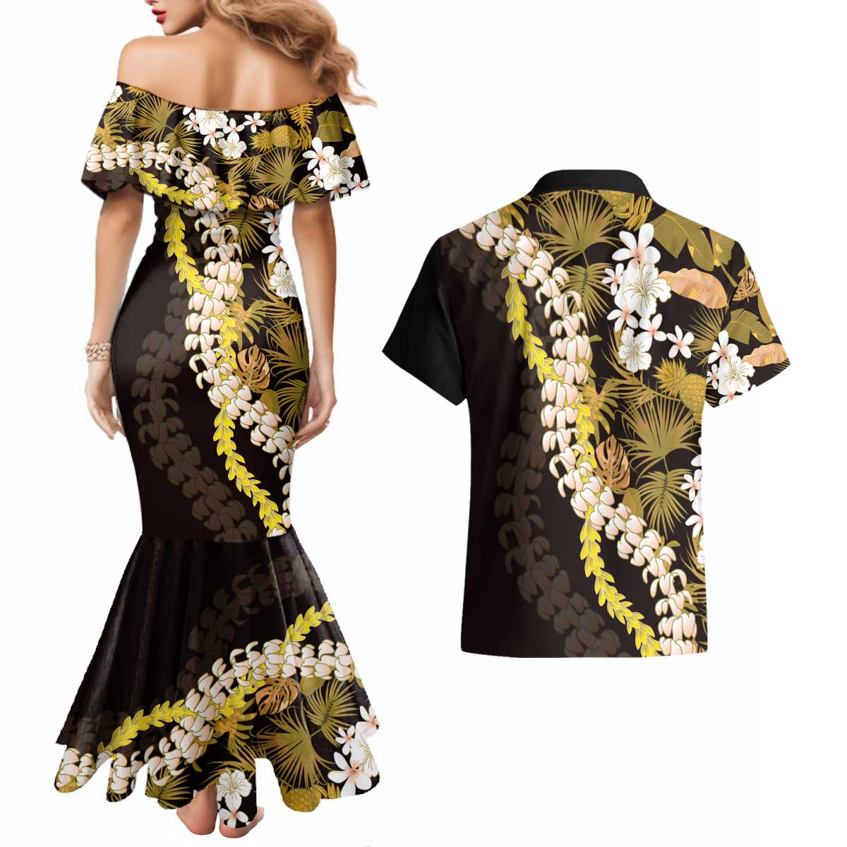 Kula Aloha Hawaii Lei Couples Matching Mermaid Dress and Hawaiian Shirt Tropical Flowers Elegant Vibe - Polynesian Pride