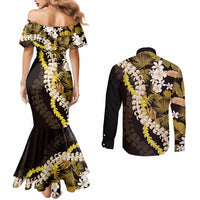 Kula Aloha Hawaii Lei Couples Matching Mermaid Dress and Long Sleeve Button Shirt Tropical Flowers Elegant Vibe - Polynesian Pride