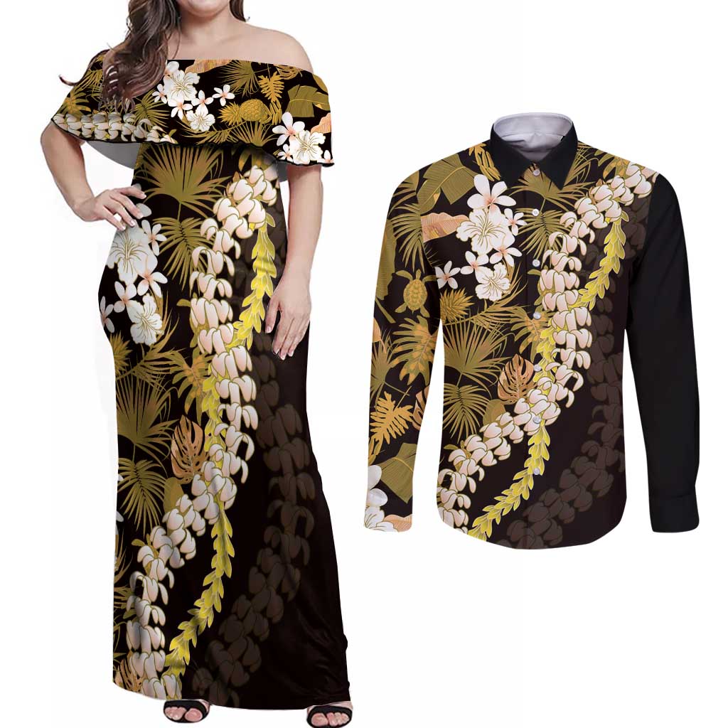 Kula Aloha Hawaii Lei Couples Matching Off Shoulder Maxi Dress and Long Sleeve Button Shirt Tropical Flowers Elegant Vibe - Polynesian Pride