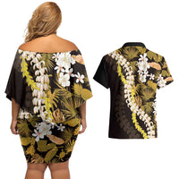 Kula Aloha Hawaii Lei Couples Matching Off Shoulder Short Dress and Hawaiian Shirt Tropical Flowers Elegant Vibe - Polynesian Pride