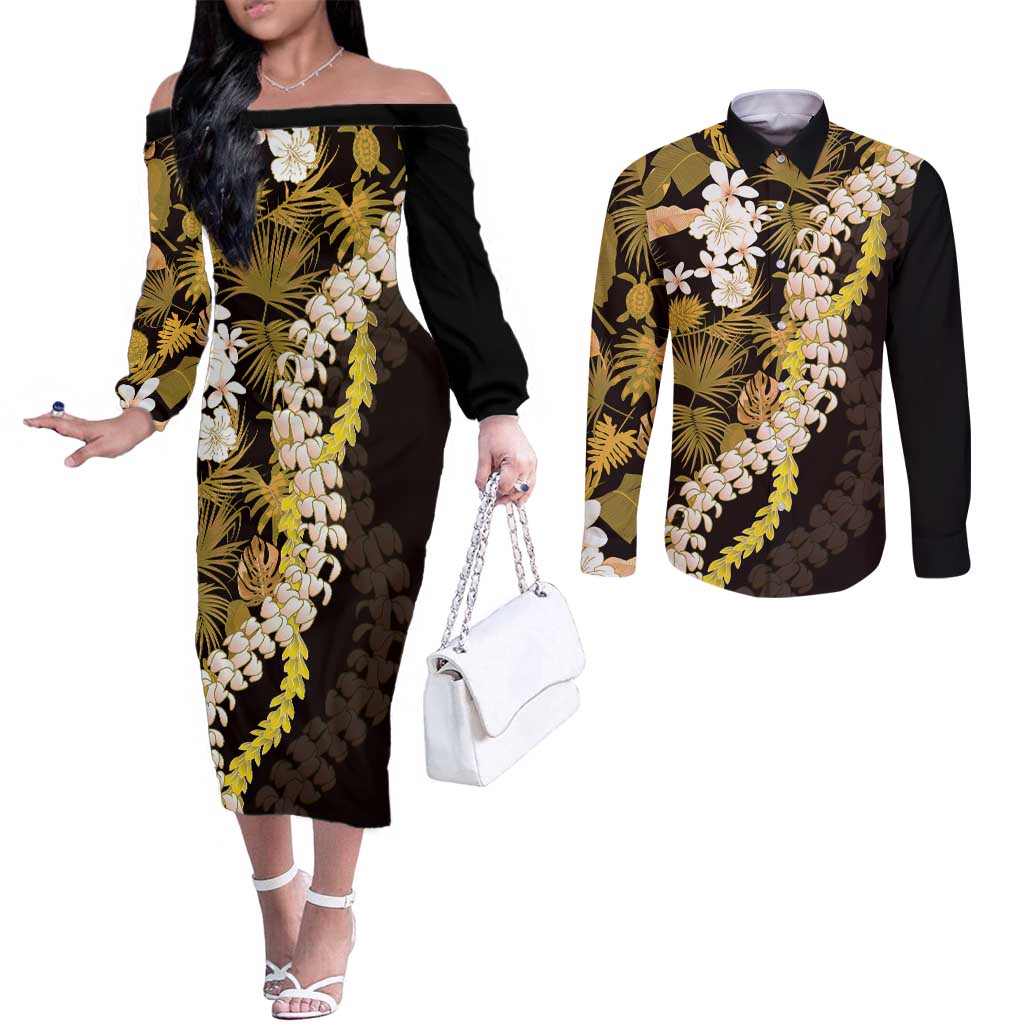 Kula Aloha Hawaii Lei Couples Matching Off The Shoulder Long Sleeve Dress and Long Sleeve Button Shirt Tropical Flowers Elegant Vibe - Polynesian Pride