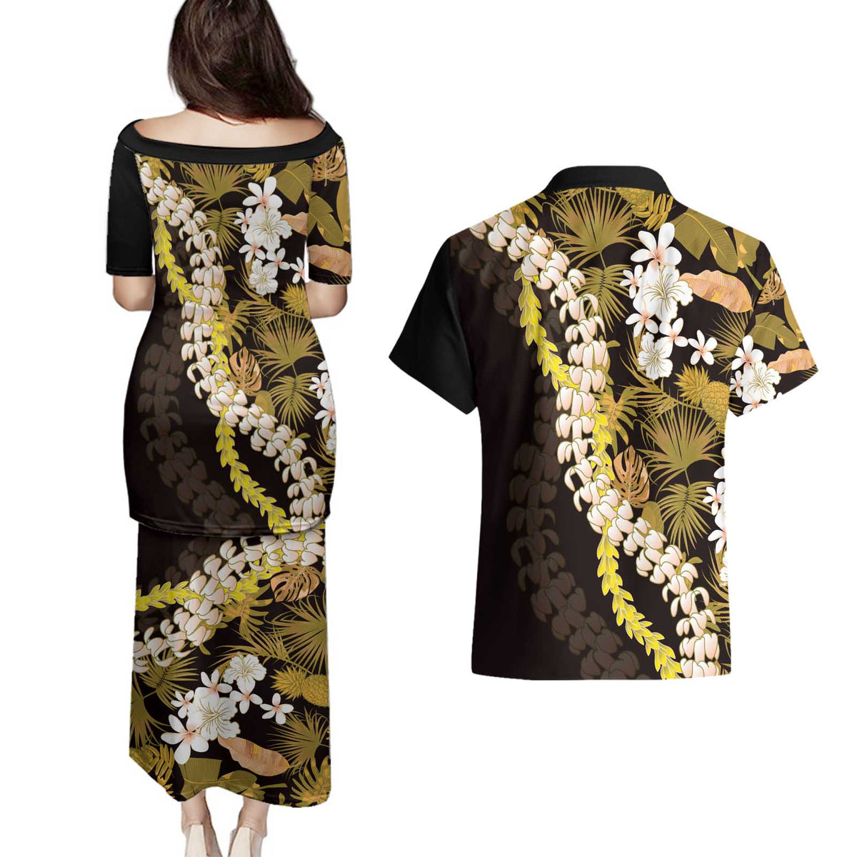 Kula Aloha Hawaii Lei Couples Matching Puletasi and Hawaiian Shirt Tropical Flowers Elegant Vibe - Polynesian Pride