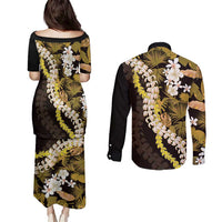 Kula Aloha Hawaii Lei Couples Matching Puletasi and Long Sleeve Button Shirt Tropical Flowers Elegant Vibe - Polynesian Pride