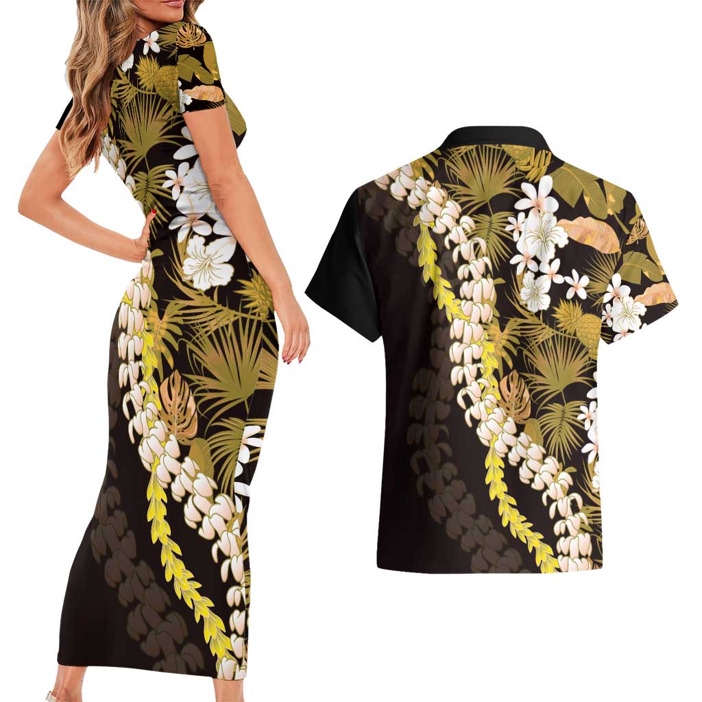Kula Aloha Hawaii Lei Couples Matching Short Sleeve Bodycon Dress and Hawaiian Shirt Tropical Flowers Elegant Vibe - Polynesian Pride