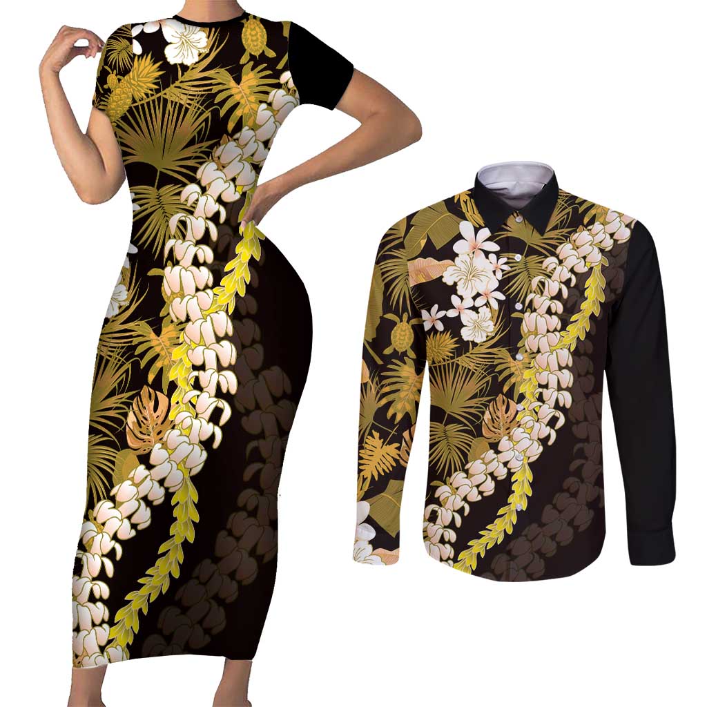 Kula Aloha Hawaii Lei Couples Matching Short Sleeve Bodycon Dress and Long Sleeve Button Shirt Tropical Flowers Elegant Vibe - Polynesian Pride