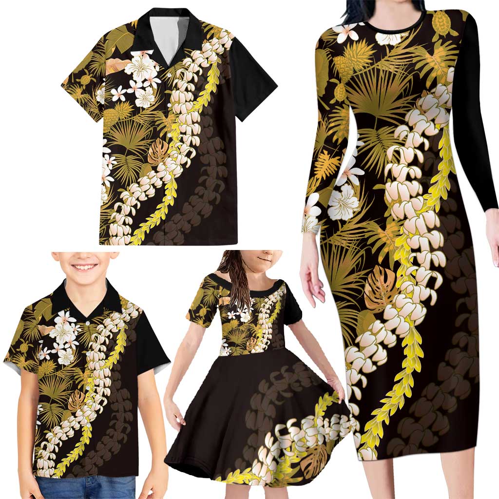 Kula Aloha Hawaii Lei Family Matching Long Sleeve Bodycon Dress and Hawaiian Shirt Tropical Flowers Elegant Vibe - Polynesian Pride