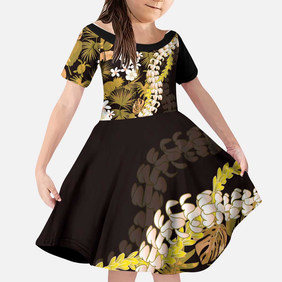 Kula Aloha Hawaii Lei Kid Short Sleeve Dress Tropical Flowers Elegant Vibe - Polynesian Pride