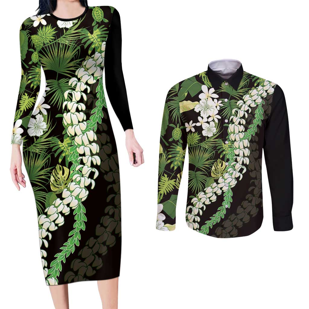Omaomao Aloha Hawaii Lei Couples Matching Long Sleeve Bodycon Dress and Long Sleeve Button Shirt Tropical Flowers Elegant Vibe - Polynesian Pride
