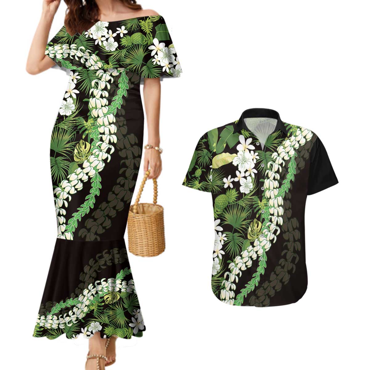 Omaomao Aloha Hawaii Lei Couples Matching Mermaid Dress and Hawaiian Shirt Tropical Flowers Elegant Vibe - Polynesian Pride