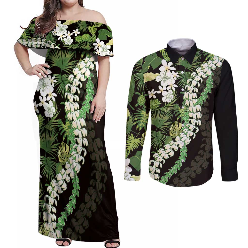 Omaomao Aloha Hawaii Lei Couples Matching Off Shoulder Maxi Dress and Long Sleeve Button Shirt Tropical Flowers Elegant Vibe - Polynesian Pride