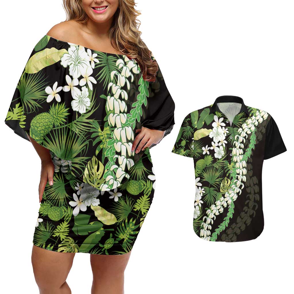 Omaomao Aloha Hawaii Lei Couples Matching Off Shoulder Short Dress and Hawaiian Shirt Tropical Flowers Elegant Vibe - Polynesian Pride