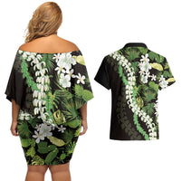 Omaomao Aloha Hawaii Lei Couples Matching Off Shoulder Short Dress and Hawaiian Shirt Tropical Flowers Elegant Vibe - Polynesian Pride