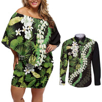 Omaomao Aloha Hawaii Lei Couples Matching Off Shoulder Short Dress and Long Sleeve Button Shirt Tropical Flowers Elegant Vibe - Polynesian Pride
