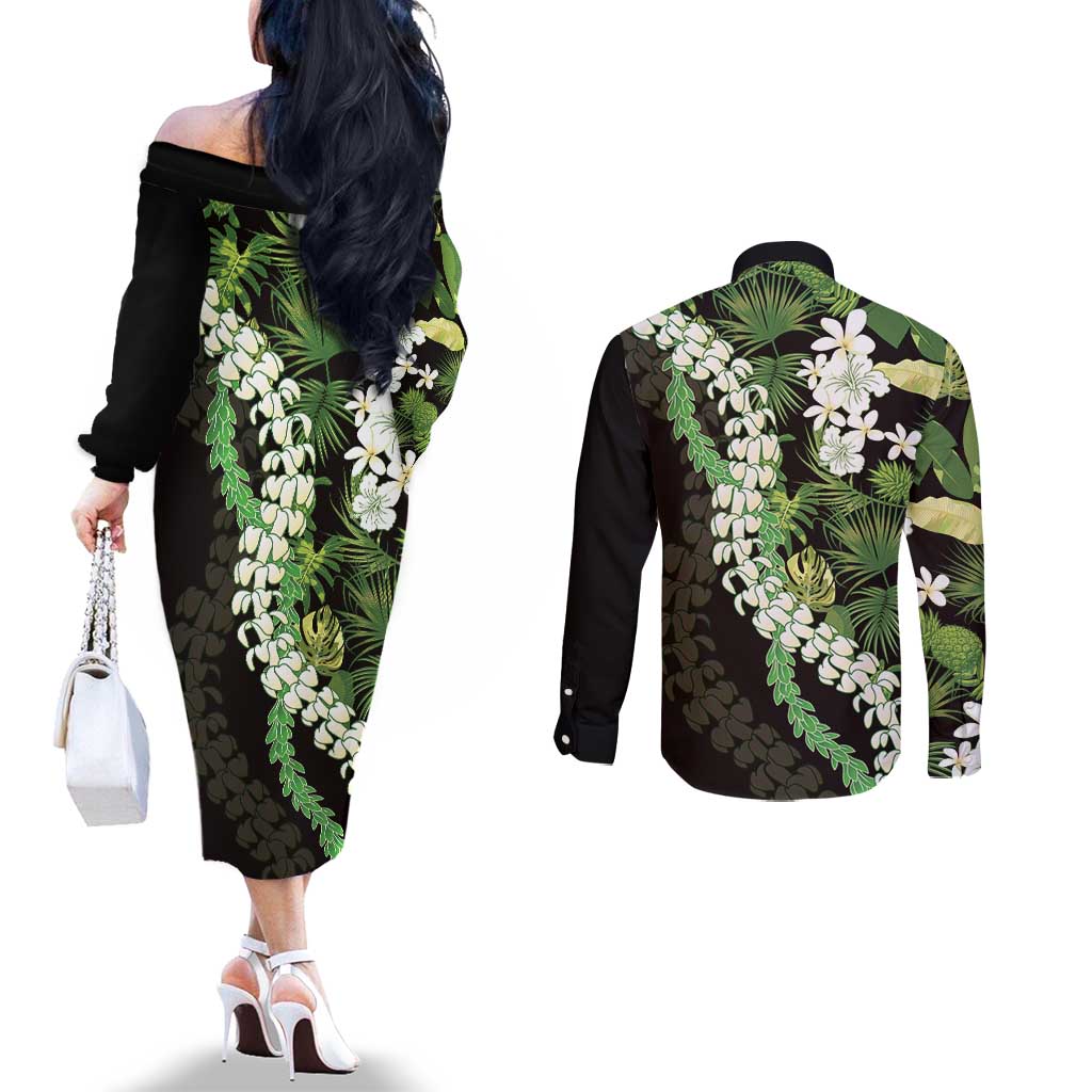 Omaomao Aloha Hawaii Lei Couples Matching Off The Shoulder Long Sleeve Dress and Long Sleeve Button Shirt Tropical Flowers Elegant Vibe - Polynesian Pride