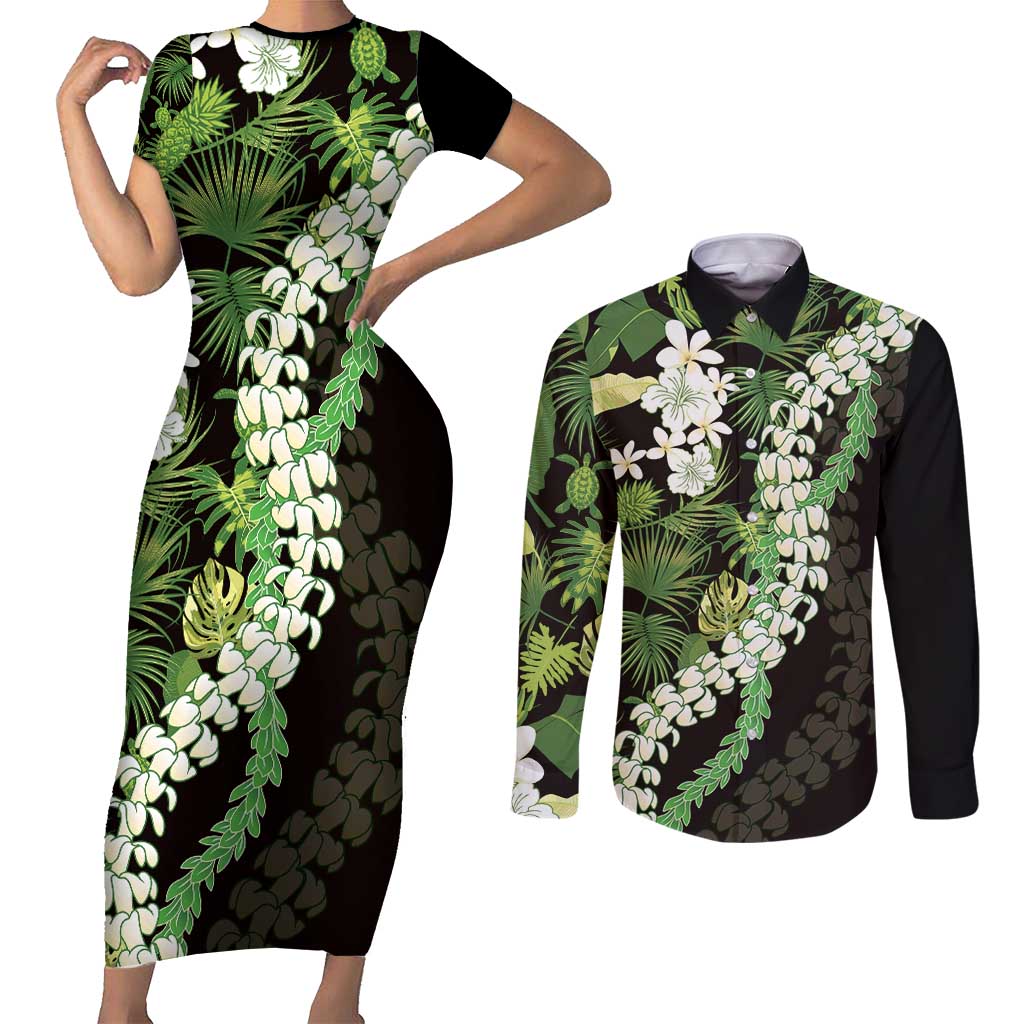 Omaomao Aloha Hawaii Lei Couples Matching Short Sleeve Bodycon Dress and Long Sleeve Button Shirt Tropical Flowers Elegant Vibe - Polynesian Pride