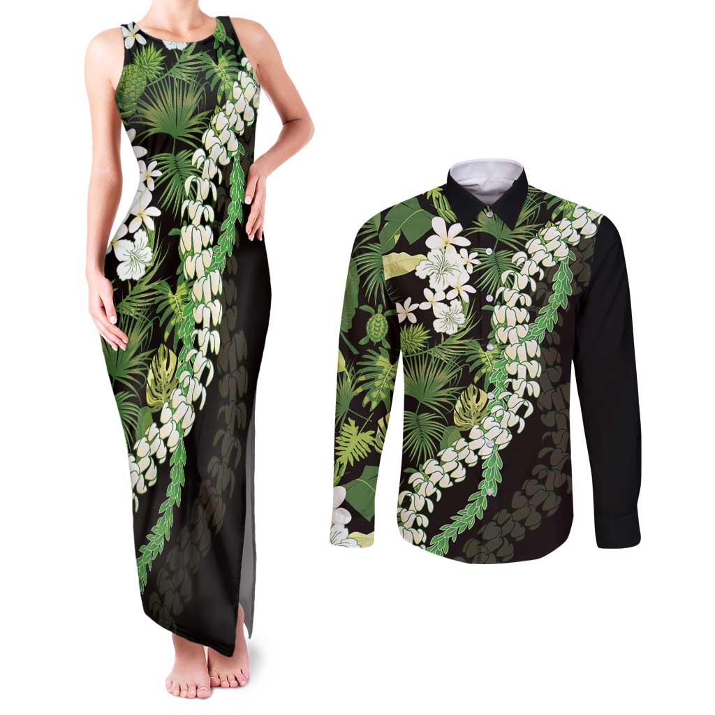 Omaomao Aloha Hawaii Lei Couples Matching Tank Maxi Dress and Long Sleeve Button Shirt Tropical Flowers Elegant Vibe - Polynesian Pride
