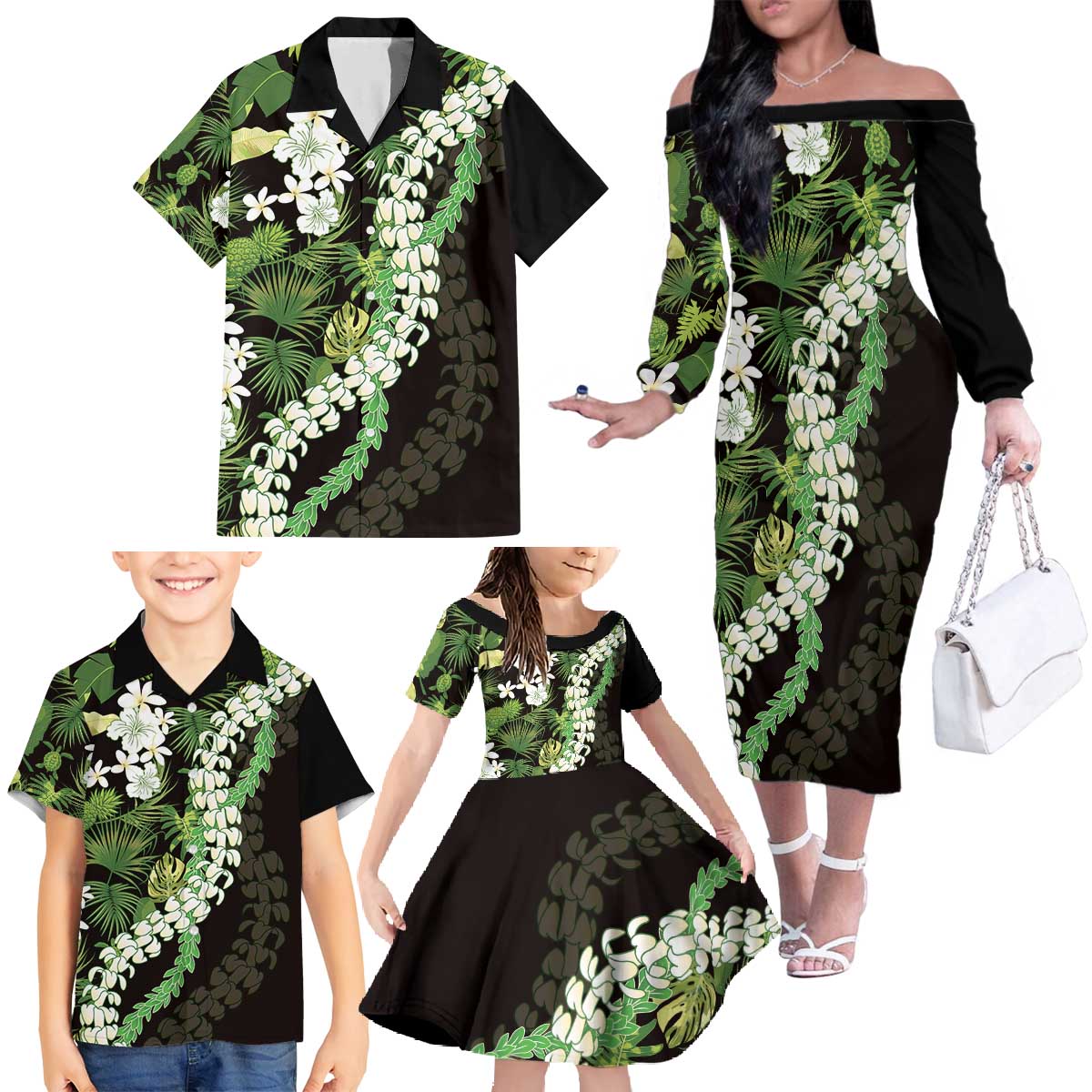 Omaomao Aloha Hawaii Lei Family Matching Off The Shoulder Long Sleeve Dress and Hawaiian Shirt Tropical Flowers Elegant Vibe - Polynesian Pride