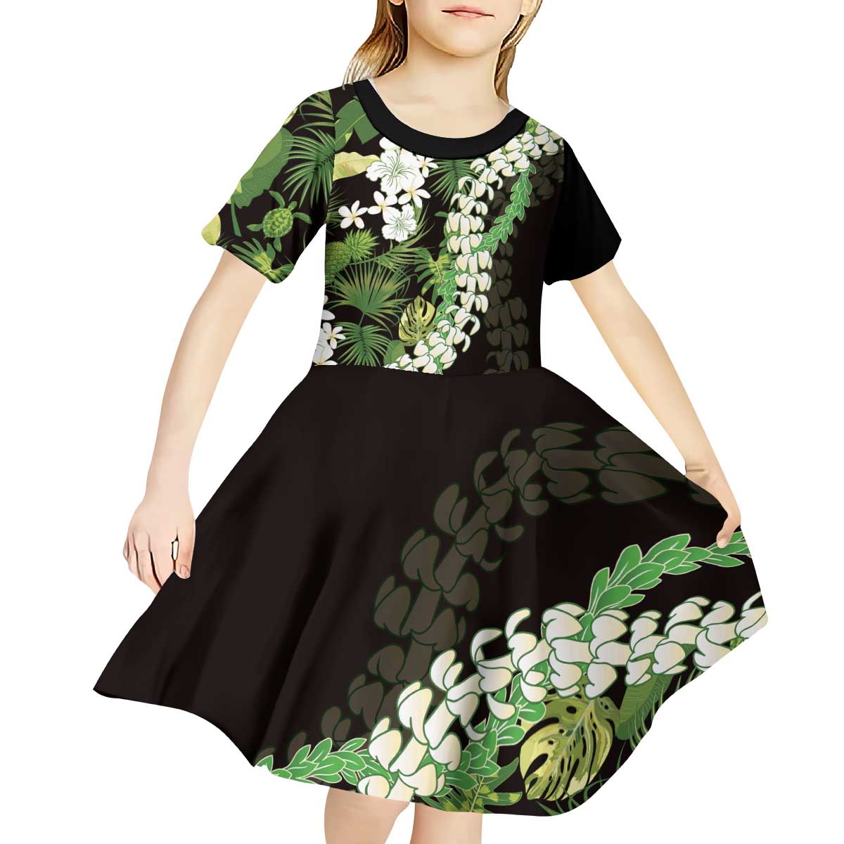 Omaomao Aloha Hawaii Lei Kid Short Sleeve Dress Tropical Flowers Elegant Vibe - Polynesian Pride
