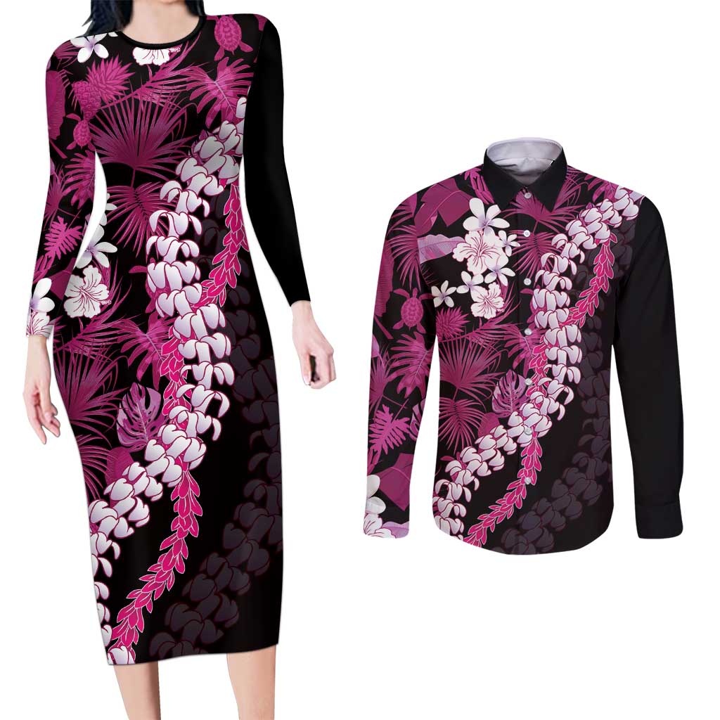 Akala Aloha Hawaii Lei Couples Matching Long Sleeve Bodycon Dress and Long Sleeve Button Shirt Tropical Flowers Elegant Vibe - Polynesian Pride