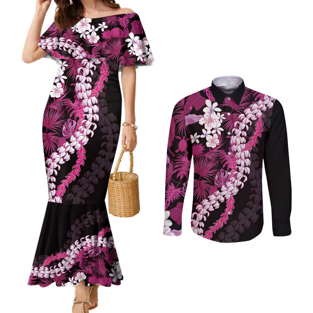 Akala Aloha Hawaii Lei Couples Matching Mermaid Dress and Long Sleeve Button Shirt Tropical Flowers Elegant Vibe - Polynesian Pride