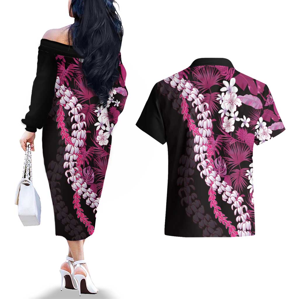 Akala Aloha Hawaii Lei Couples Matching Off The Shoulder Long Sleeve Dress and Hawaiian Shirt Tropical Flowers Elegant Vibe - Polynesian Pride
