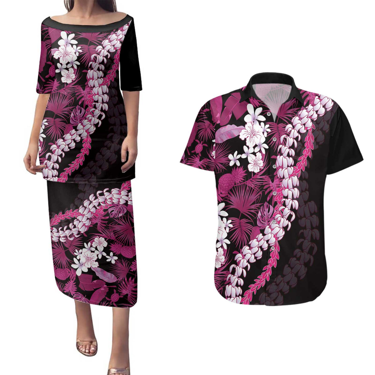 Akala Aloha Hawaii Lei Couples Matching Puletasi and Hawaiian Shirt Tropical Flowers Elegant Vibe - Polynesian Pride