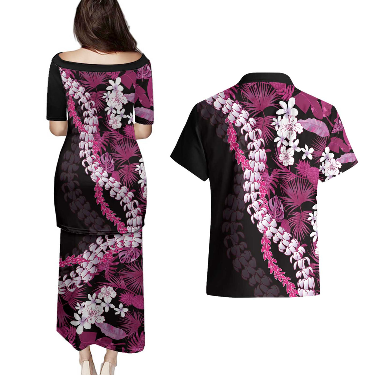 Akala Aloha Hawaii Lei Couples Matching Puletasi and Hawaiian Shirt Tropical Flowers Elegant Vibe - Polynesian Pride