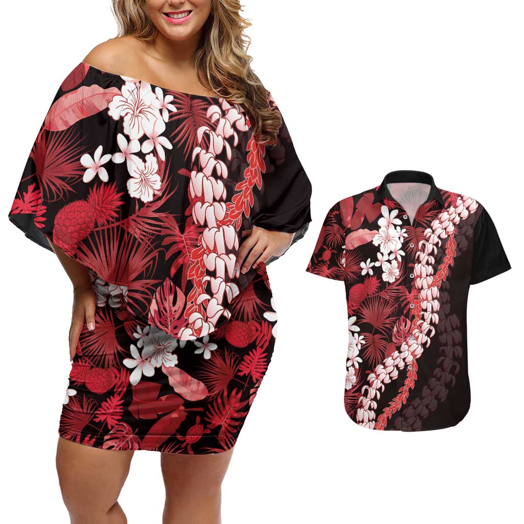 Ulaula Aloha Hawaii Lei Couples Matching Off Shoulder Short Dress and Hawaiian Shirt Tropical Flowers Elegant Vibe - Polynesian Pride