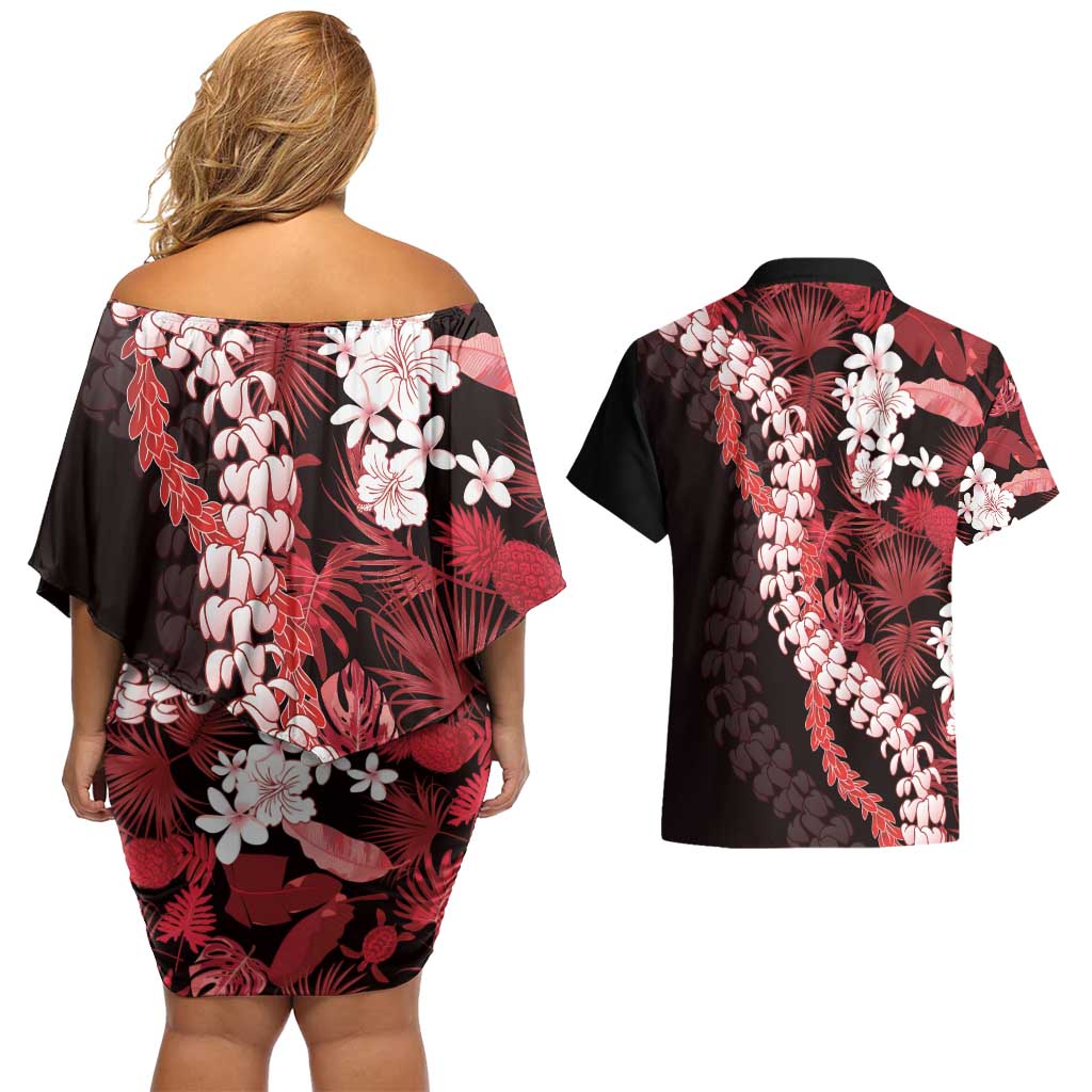 Ulaula Aloha Hawaii Lei Couples Matching Off Shoulder Short Dress and Hawaiian Shirt Tropical Flowers Elegant Vibe - Polynesian Pride