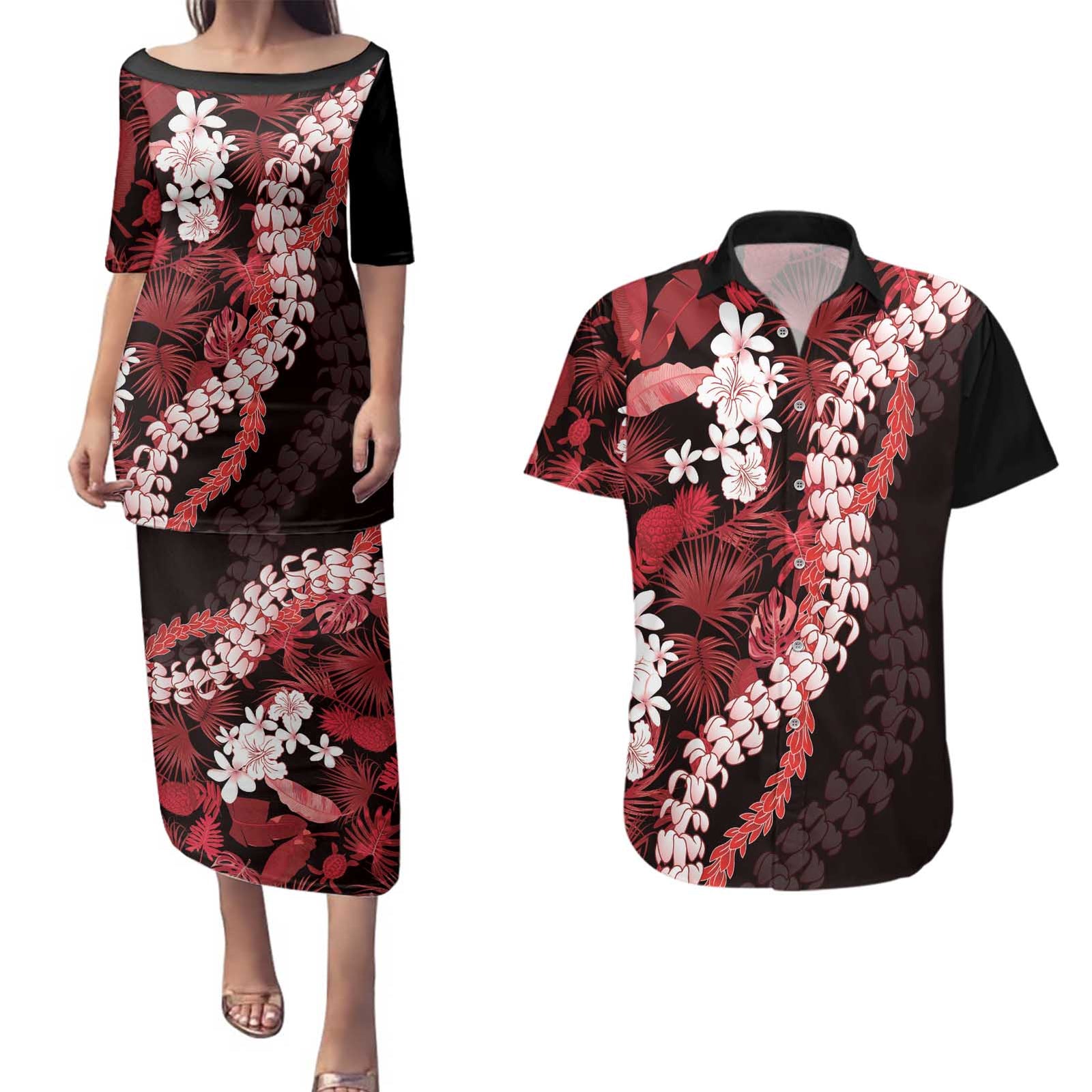 Ulaula Aloha Hawaii Lei Couples Matching Puletasi and Hawaiian Shirt Tropical Flowers Elegant Vibe - Polynesian Pride
