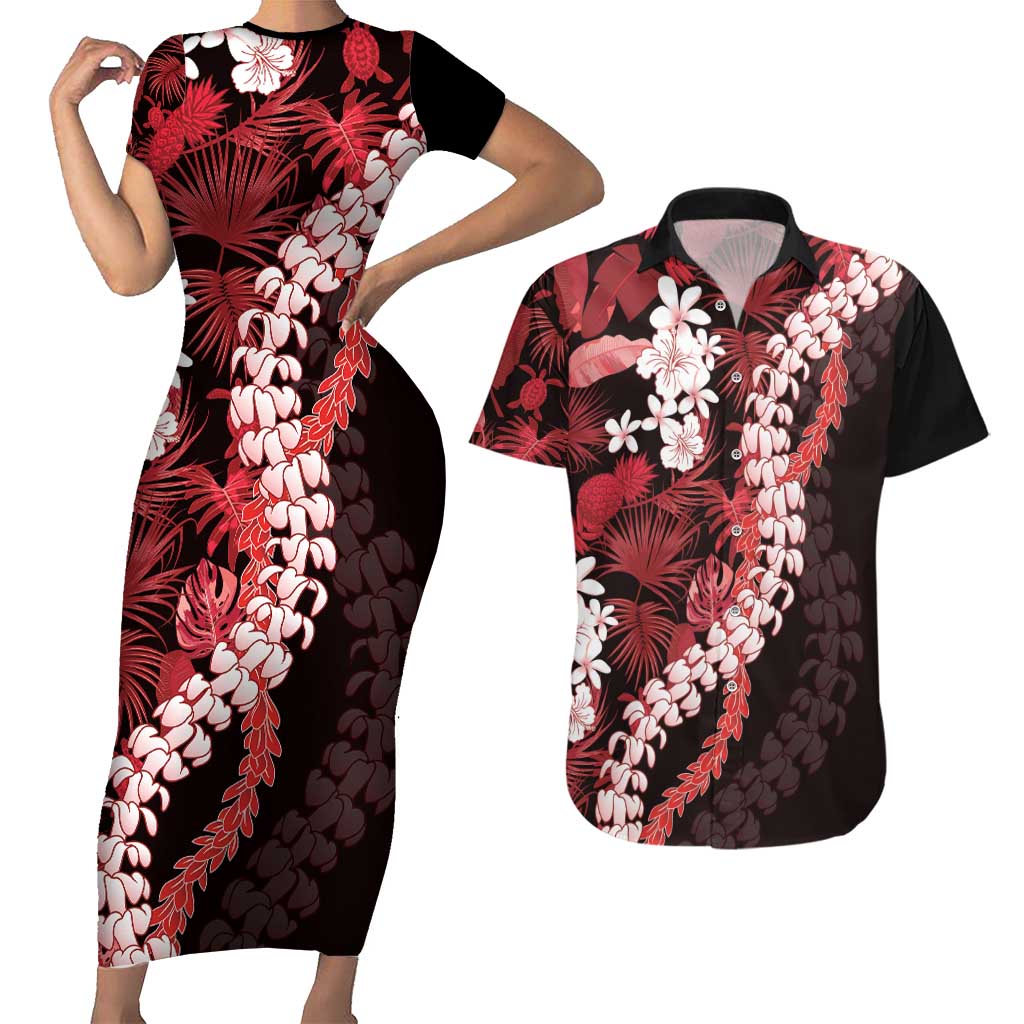 Ulaula Aloha Hawaii Lei Couples Matching Short Sleeve Bodycon Dress and Hawaiian Shirt Tropical Flowers Elegant Vibe - Polynesian Pride