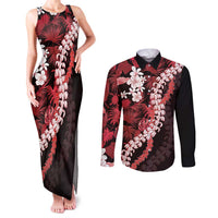 Ulaula Aloha Hawaii Lei Couples Matching Tank Maxi Dress and Long Sleeve Button Shirt Tropical Flowers Elegant Vibe - Polynesian Pride