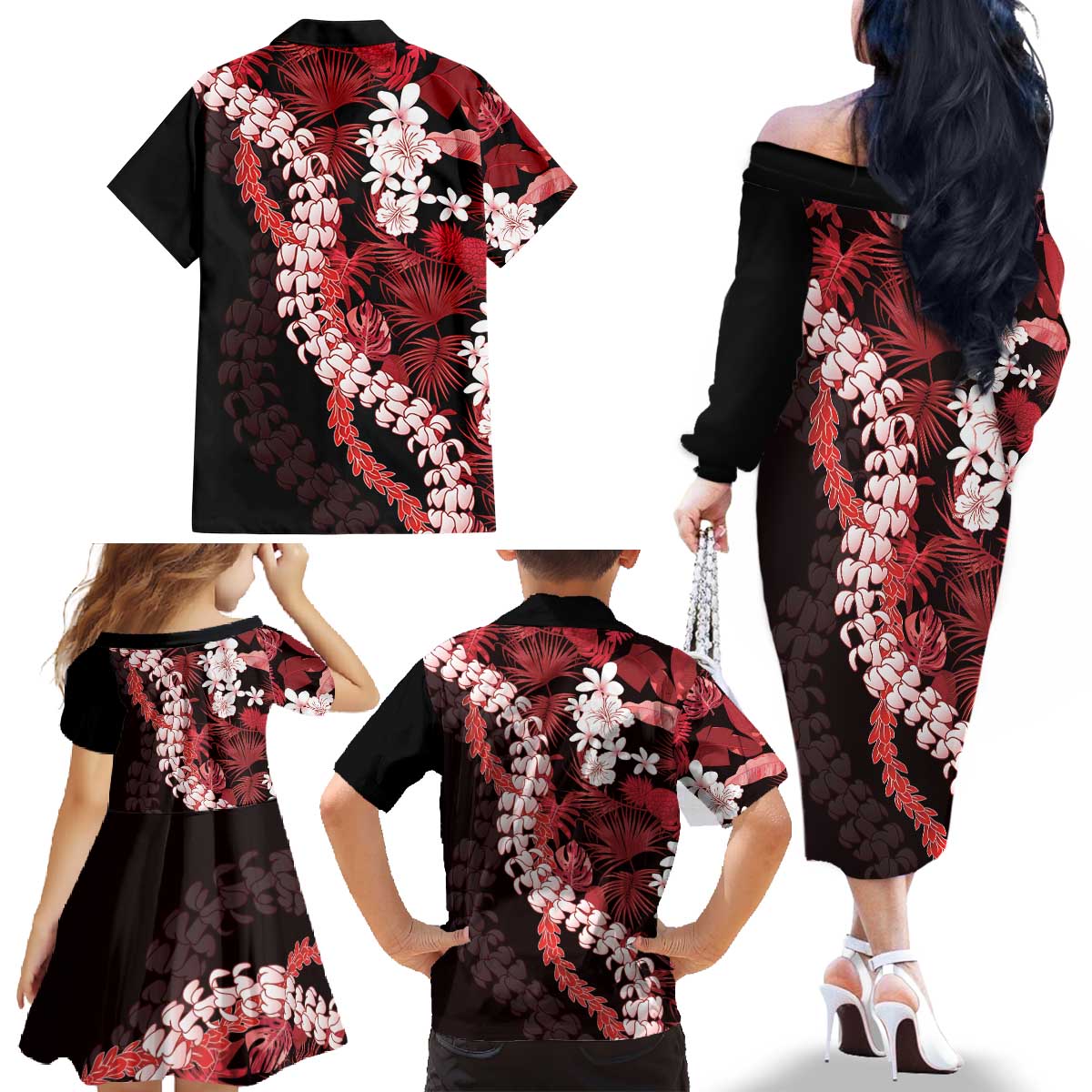 Ulaula Aloha Hawaii Lei Family Matching Off The Shoulder Long Sleeve Dress and Hawaiian Shirt Tropical Flowers Elegant Vibe - Polynesian Pride